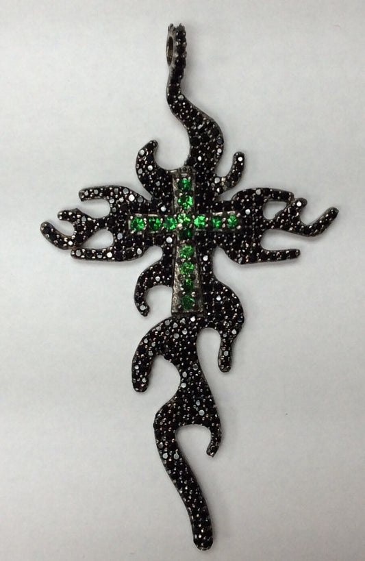 Fancy Cross Black Spinal Charm, Pave Black Spinel ,Approx 2.48'' ( 36 x 63 mm) Oxidized Silver, Silver ,Black Spinel