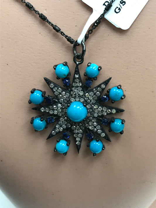 Sun Burst Shape Diamond Charm .925 Oxidized Sterling Silver Diamond Charms, Genuine handmade pave diamond Charm.