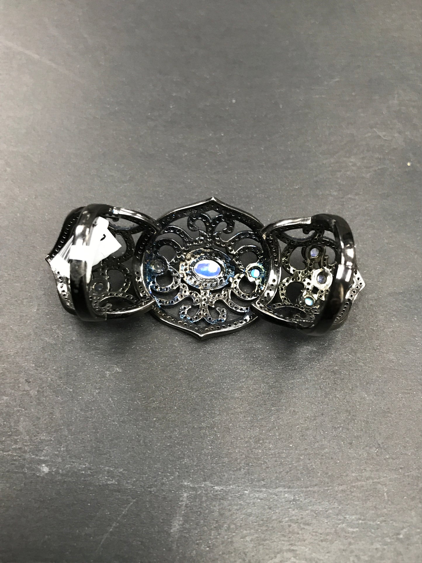 Diamond and Moon Stone Black Rhodium Finish Silver Rings