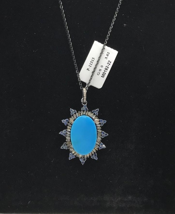 Turquoise natural with Diamond and Spphire Pendant