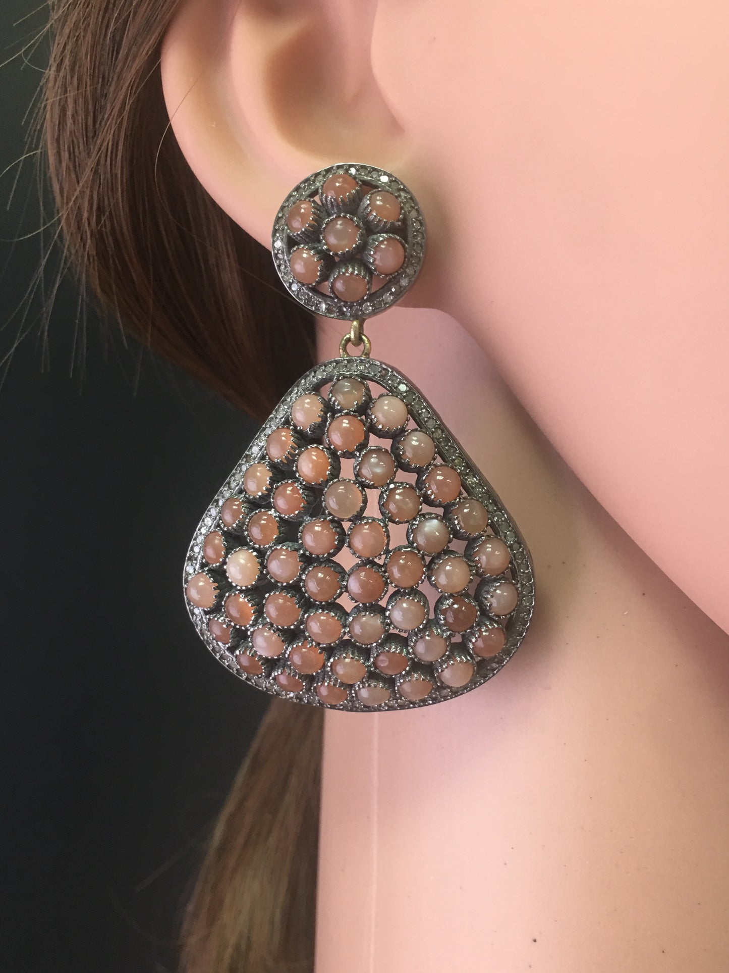 Diamond And Peach Moonstone Earrings