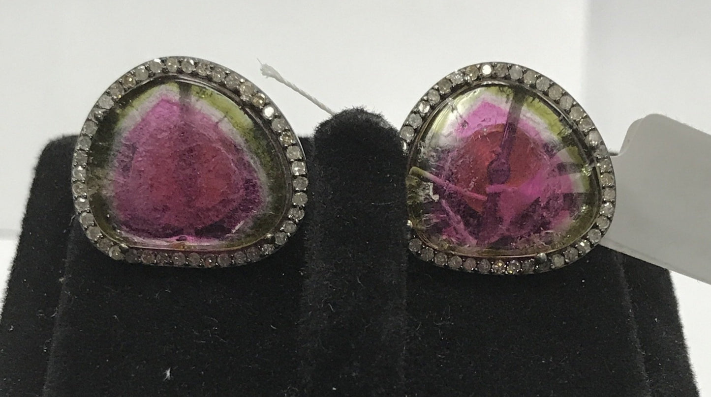 Tourmaline Watermelon and Diamond Earring