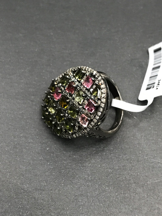 Diamond Oval Shape Tourmaline Diamond Ring, Pave Diamond Ring, Pave Oval Shape Tourmaline Ring, Approx 28 x 18mm