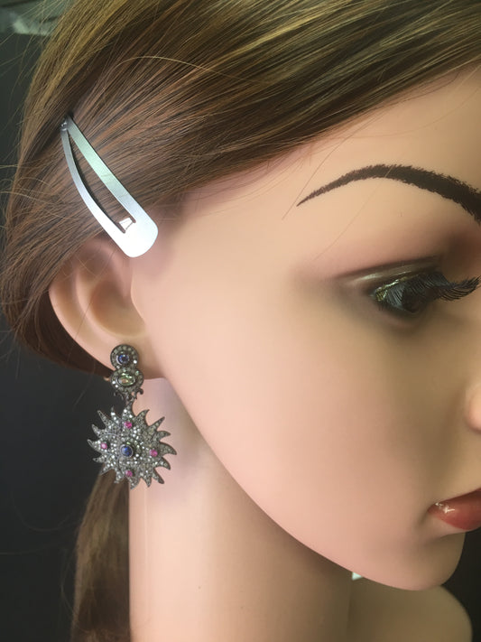 Diamond and Silver White Rainbow Moon Stone Black Rhodium Finish Earrings