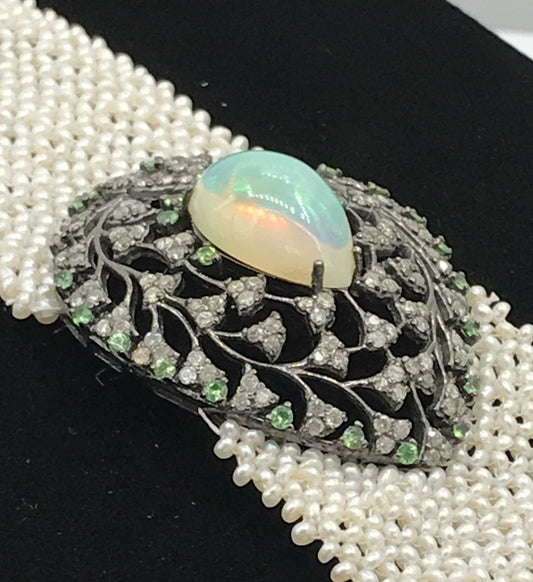 Opal and Diamond Designer Bracelet with Pearl Woven