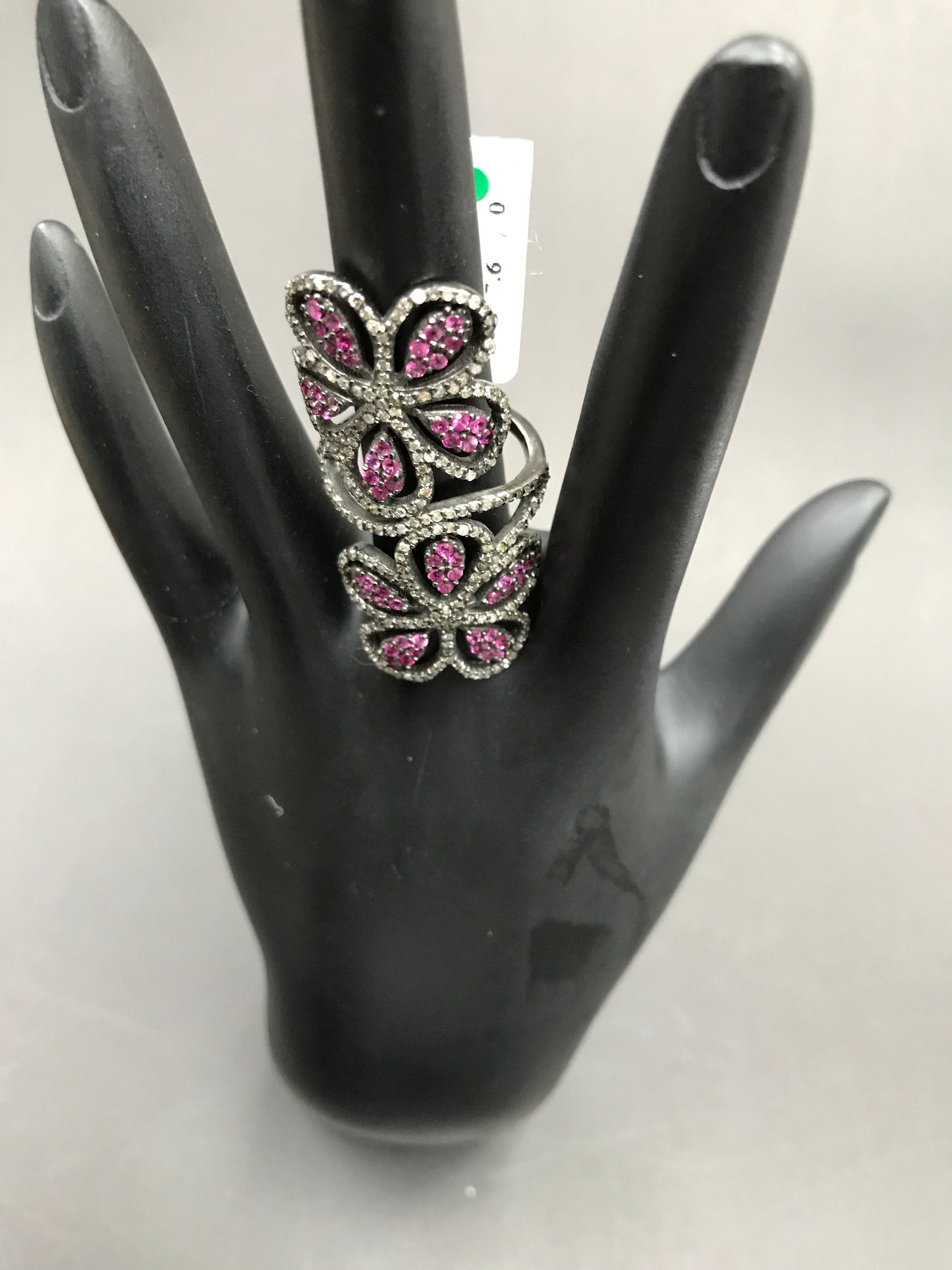Double Flower Pave Diamond Ring .925 Oxidized Sterling Silver Diamond Ring, Genuine handmade pave diamond Ring Size Approx 1.76"(21 x 44 MM)