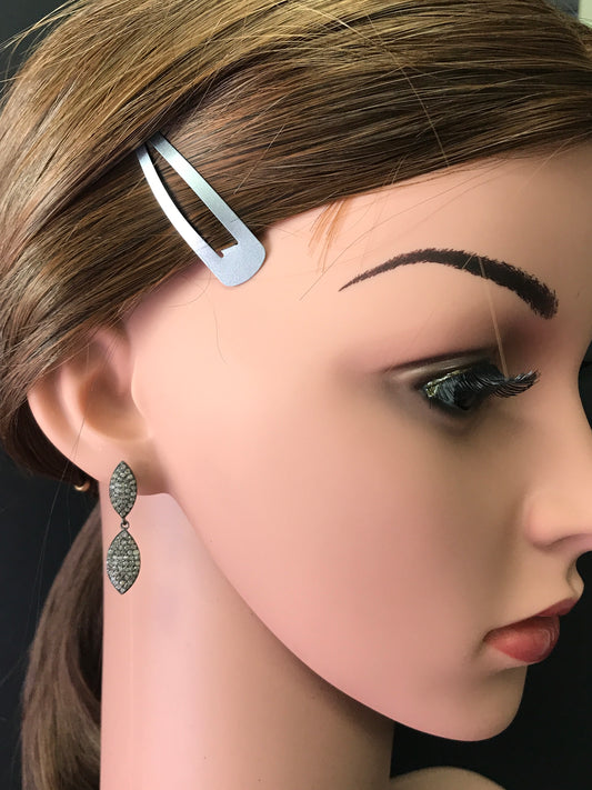 Marquise Diamond Silver Earring .925 Oxidized Sterling Silver Diamond Earring, Genuine handmade pave diamond Earring Size 1.40"(9 x 35 MM )