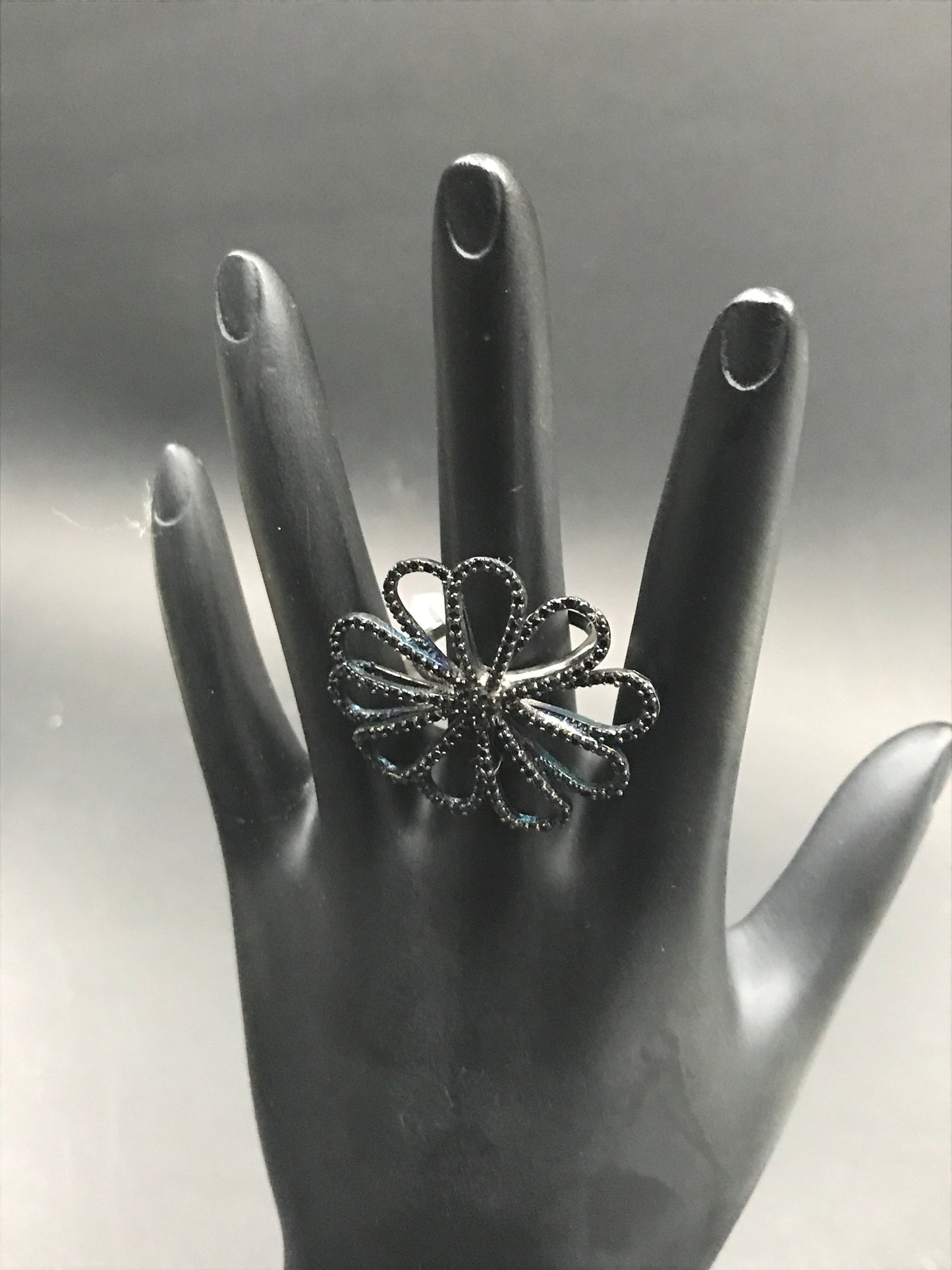 Flower Black Spinal Ring .925 Oxidized Sterling Silver Black Spinal Ring, Genuine handmade pave Black Spinal Ring Size Approx(36x34 mm)