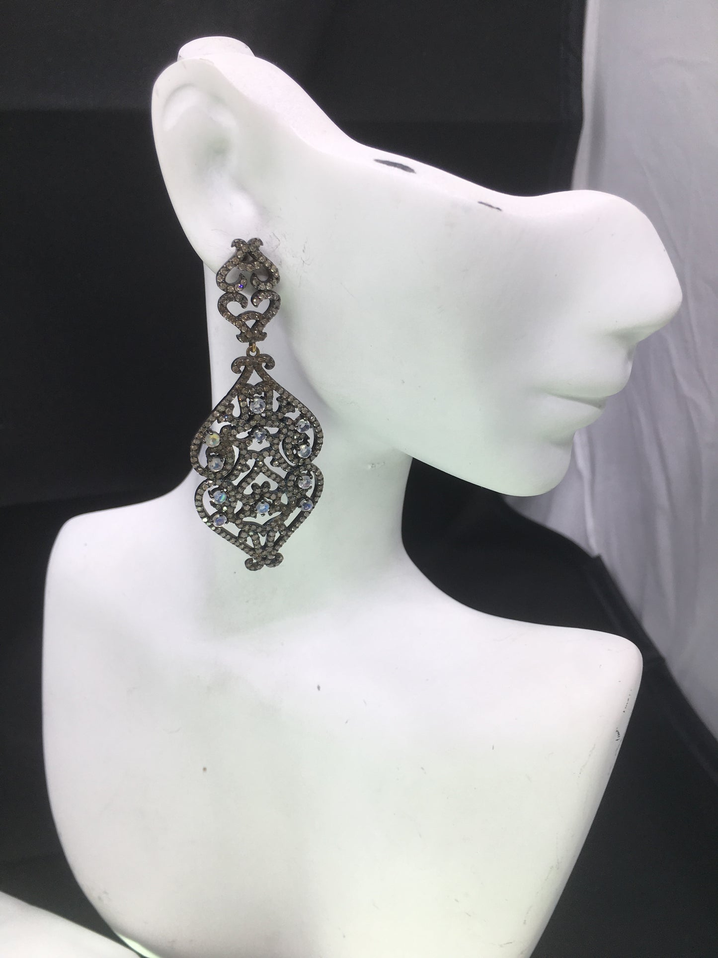 Diamond and White Rainbow Moon Stone Silver Earrings