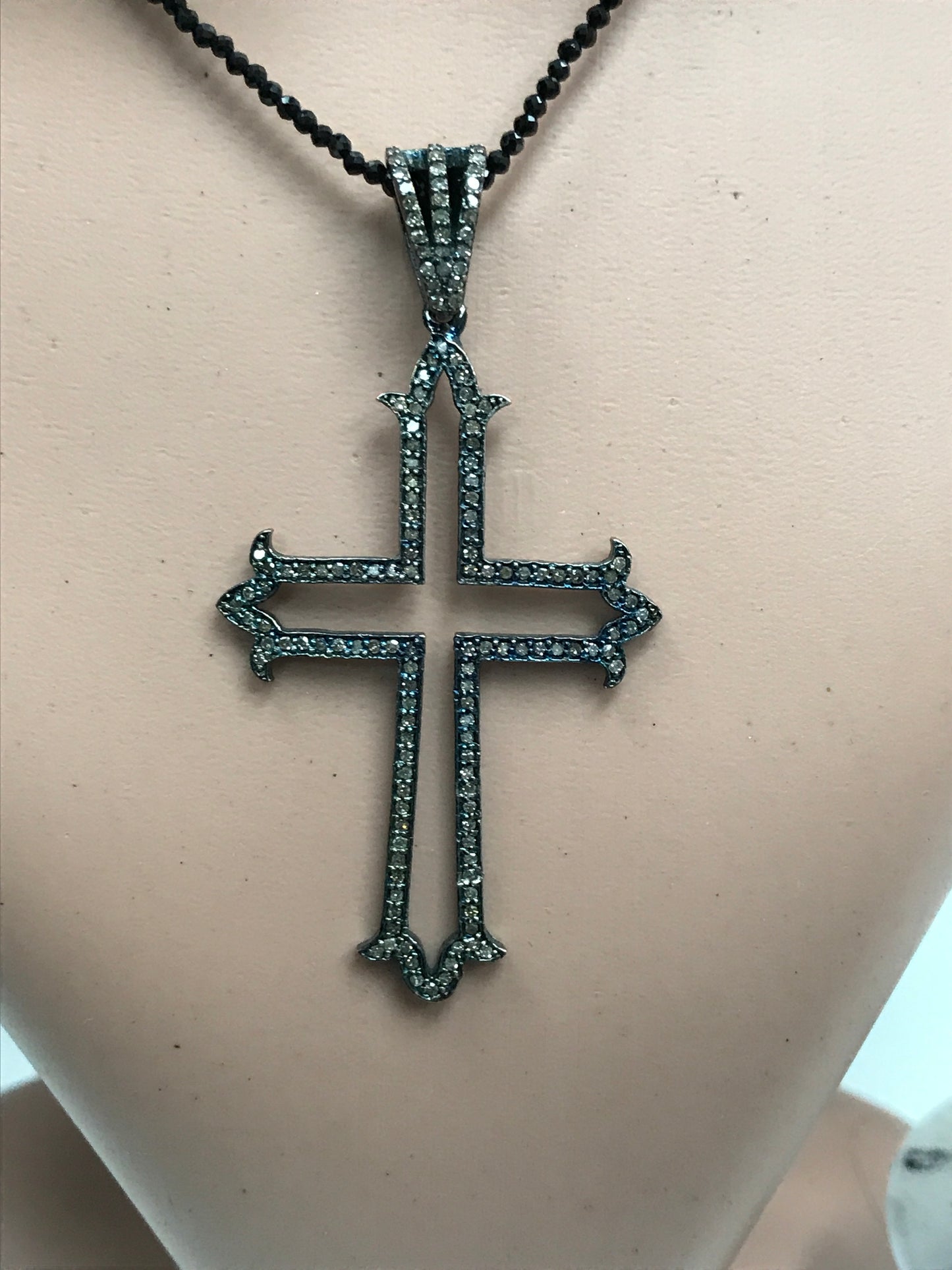 Diamond Gothic Cross Diamond Pendant, Pave Diamond Pendant, Gothic Cross Necklace, Approx 64 x 35mm. Sterling Silver