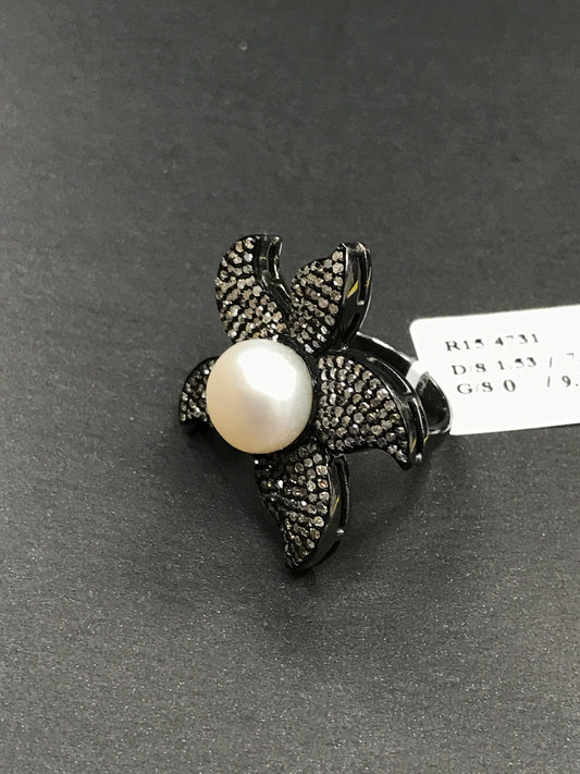 Flower Pave Diamond Ring .925 Oxidized Sterling Silver Diamond Ring, Genuine handmade pave diamond Ring Size Approx 1.20"(30 MM)