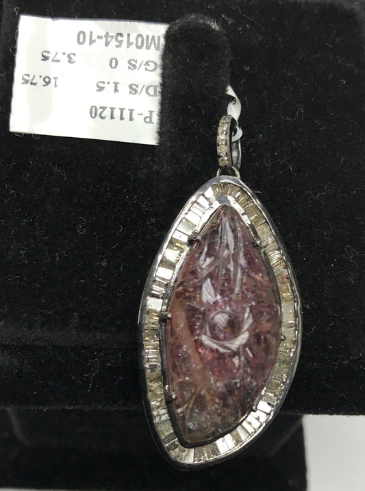 Pink Tourmaline Carved and Diamond Pendant