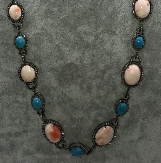 Pink Coral and Turquoise Natural Designer Necklace with Diamonds