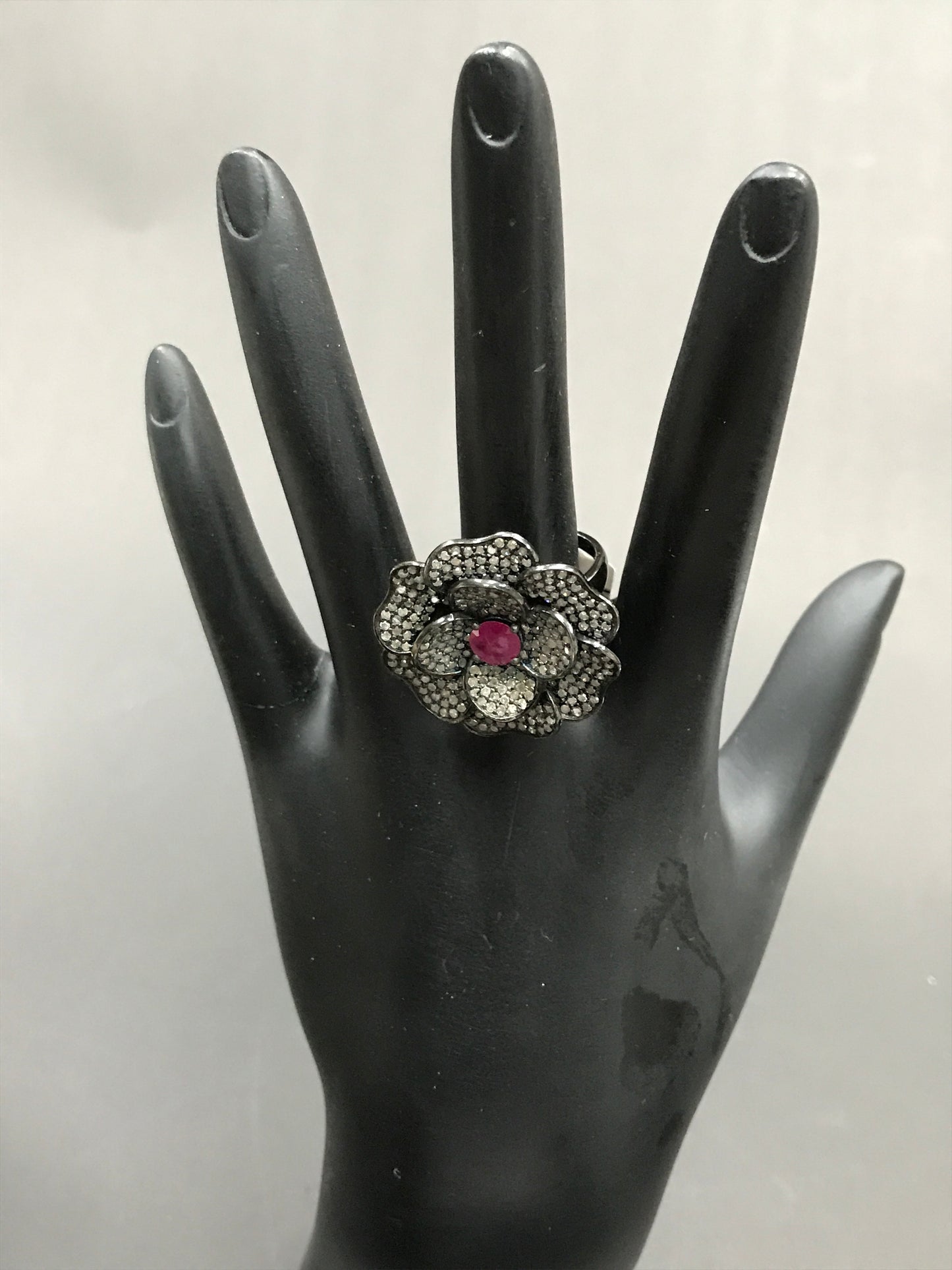 Diamond and Silver Ruby Black Rhodium Finish Ring