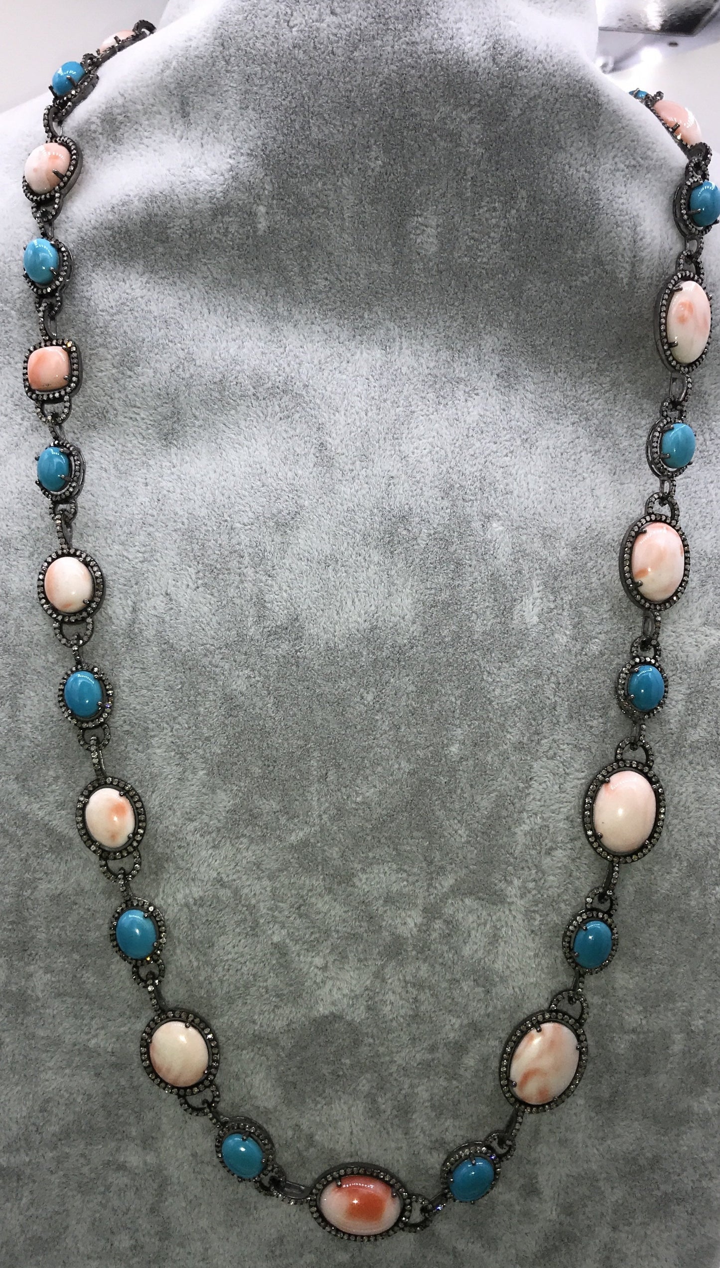 Pink Coral and Turquoise Natural Designer Necklace with Diamonds