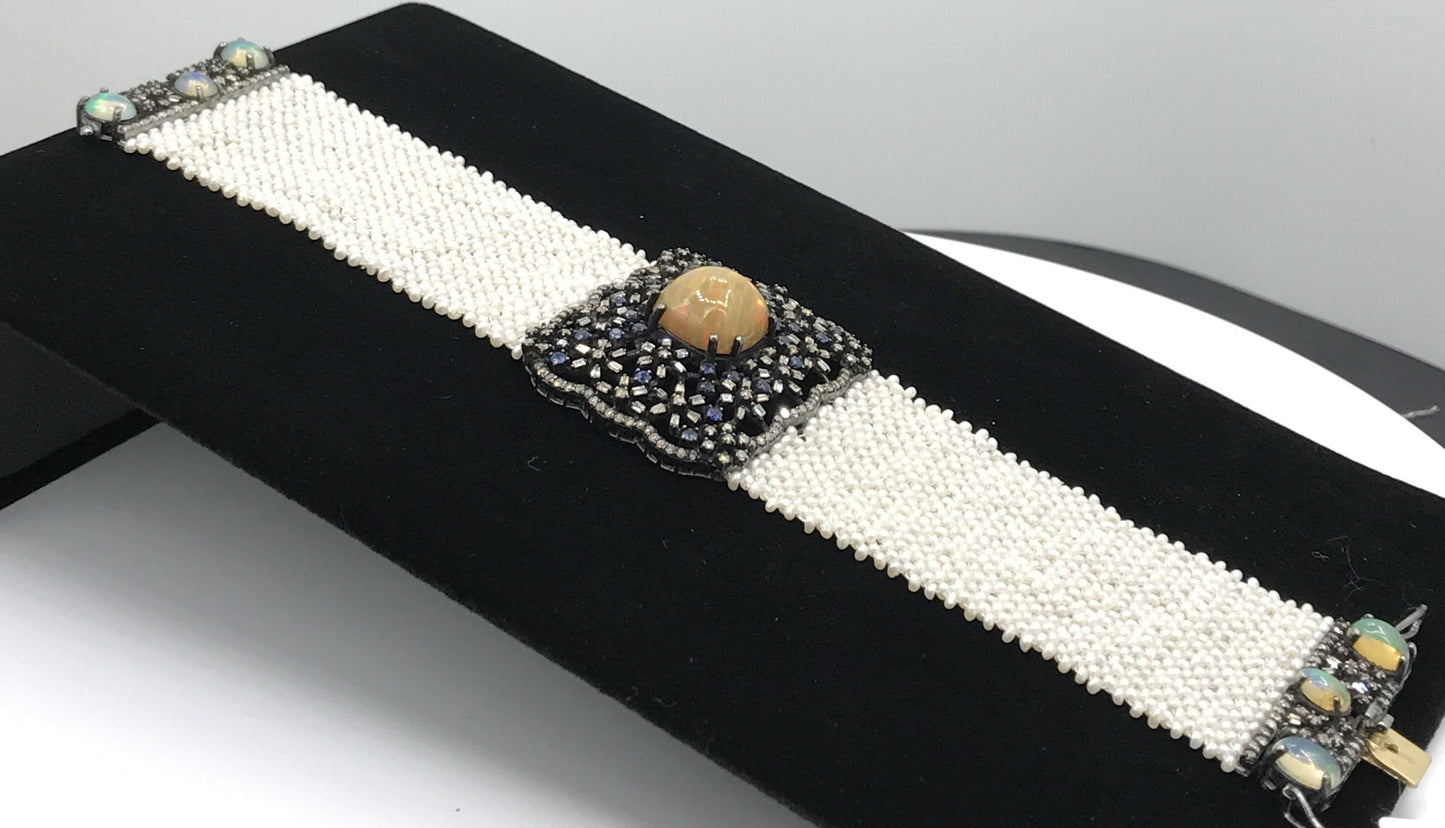 Opal and Diamond Designer Bracelet with Pearl Woven