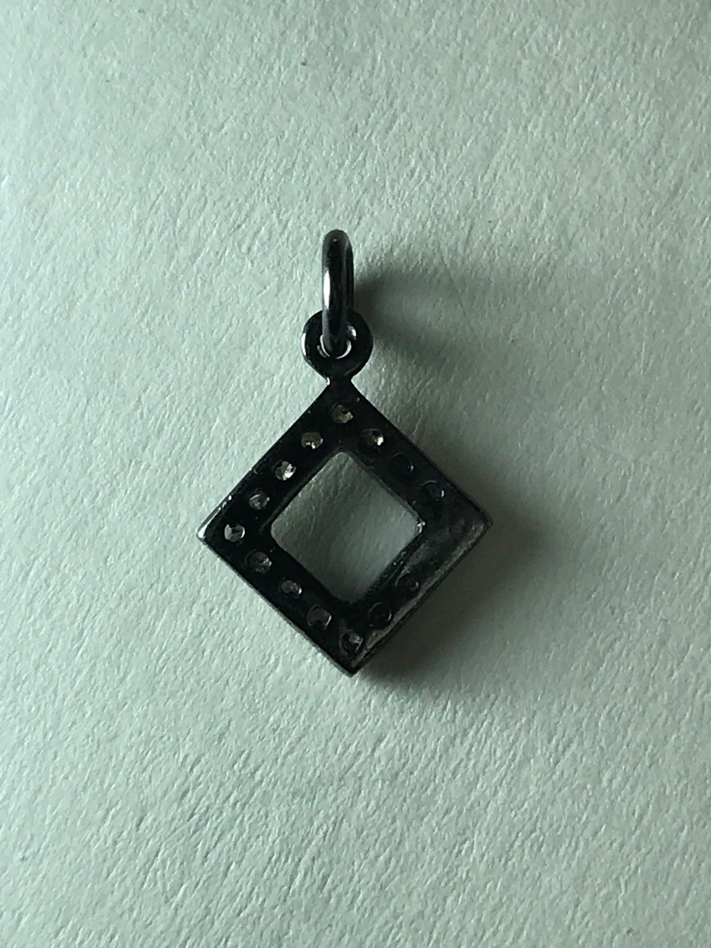 Open Square Shape Diamond Silver Charm, 11mm Fine Natural Diamonds and Silver