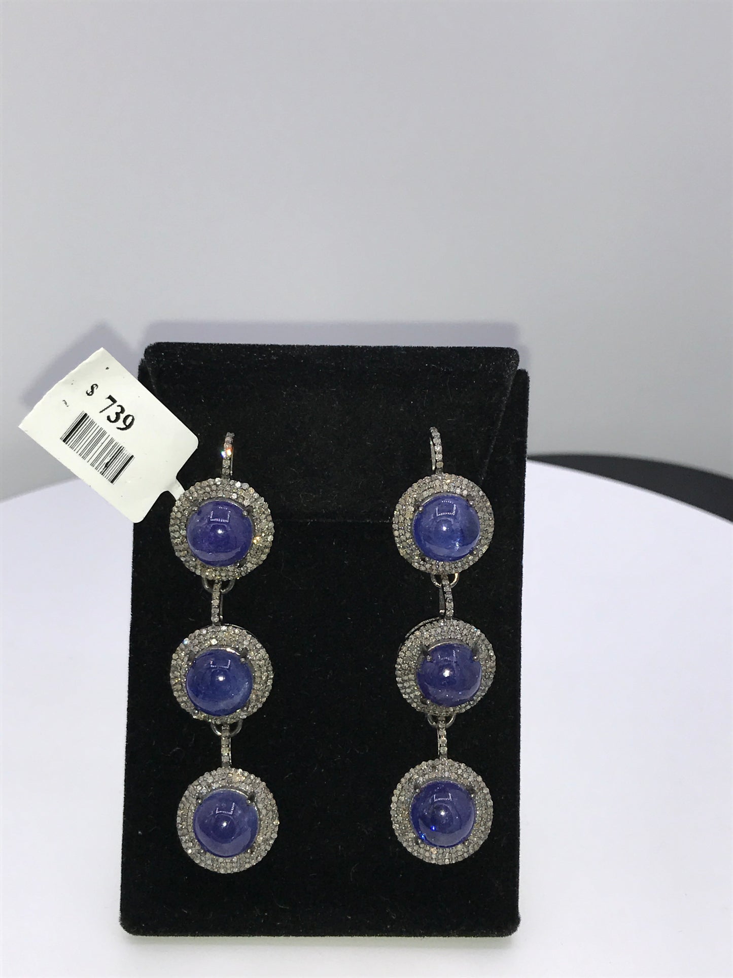 Tanzanite Round cabochon diamond triple lariat earring