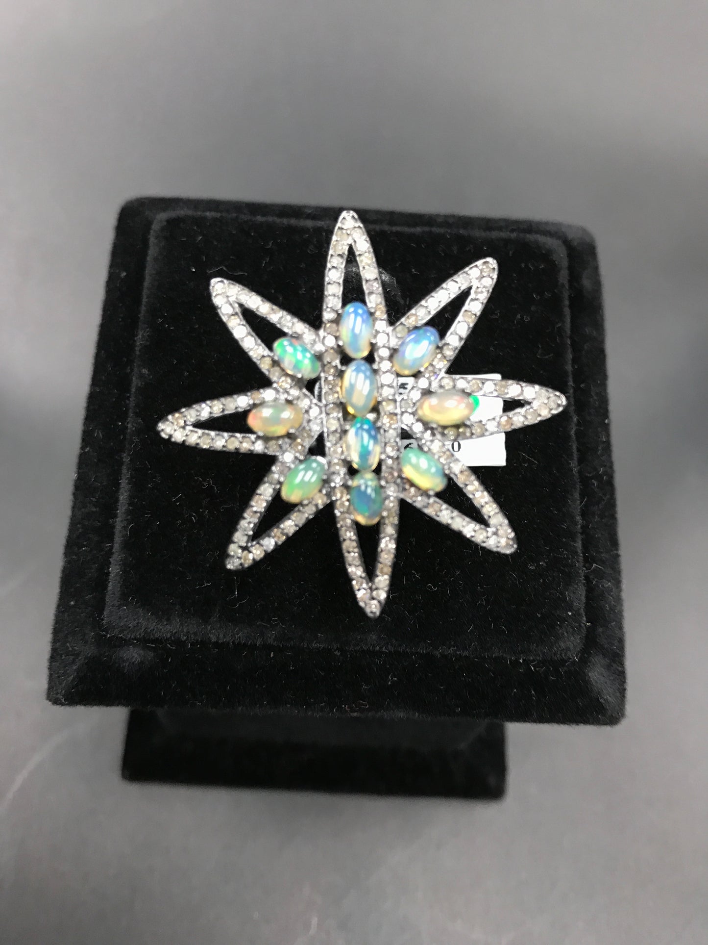 Ring Diamond with Opal .925 Oxidized Sterling Silver Diamond Ring, Genuine handmade pave diamond Ring Size Approx 1.52"(38 MM)