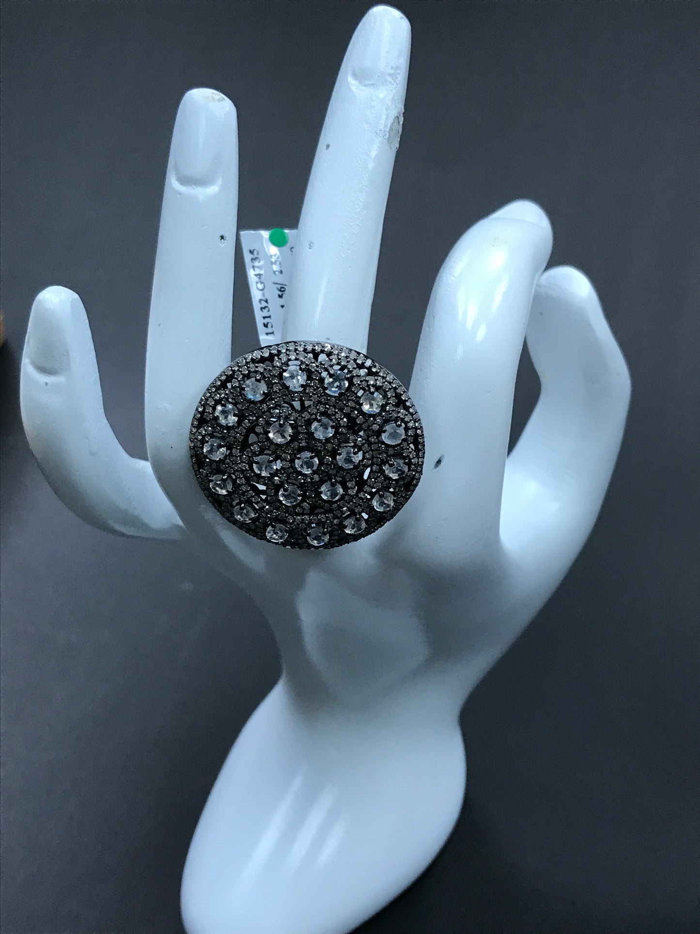 Diamond and Silver Rainbow Moonstone Black Rhodium Finish Ring