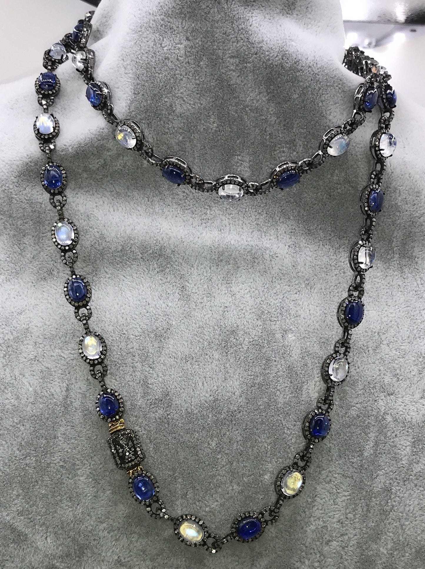 Tanzanite and Rainbow Moonstone Long Necklace with Diamonds