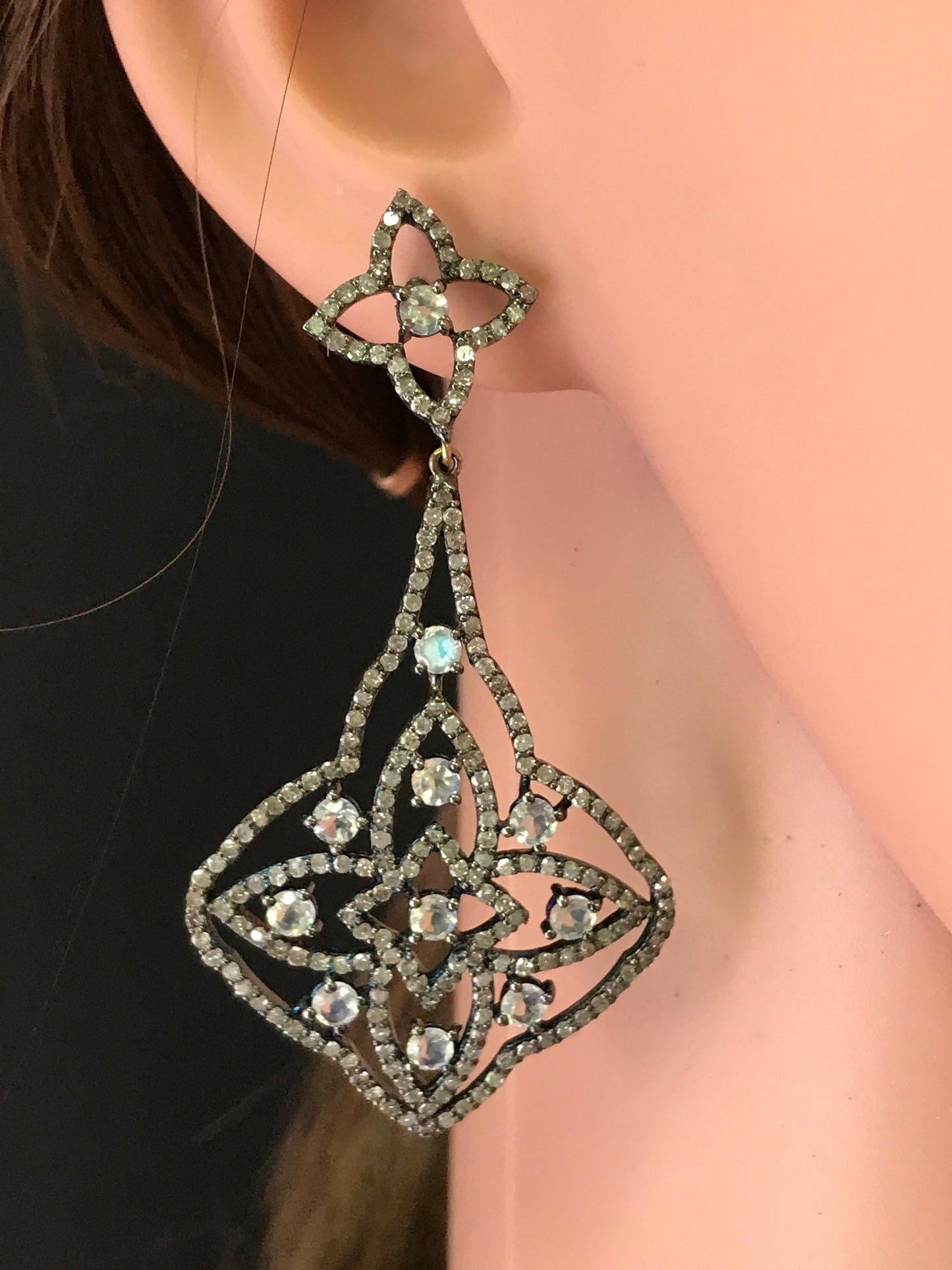 Diamond and White Rainbow Moonstone Silver Earrings