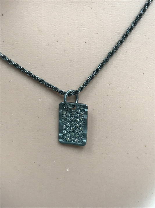 Rectangle Shape Silver Pave Diamond Pendant .925 Oxidized Sterling Silver
