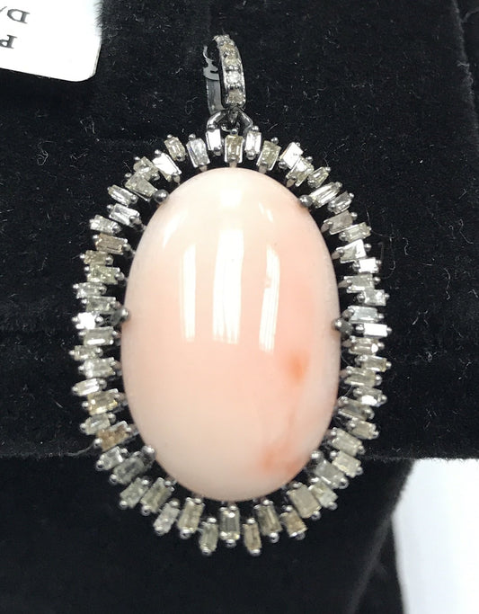 Pink Coral studed with Diamond hand crafted over Sterling silver Pendant