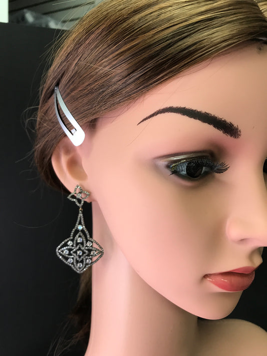 Diamond and White Rainbow Moonstone Silver Earrings