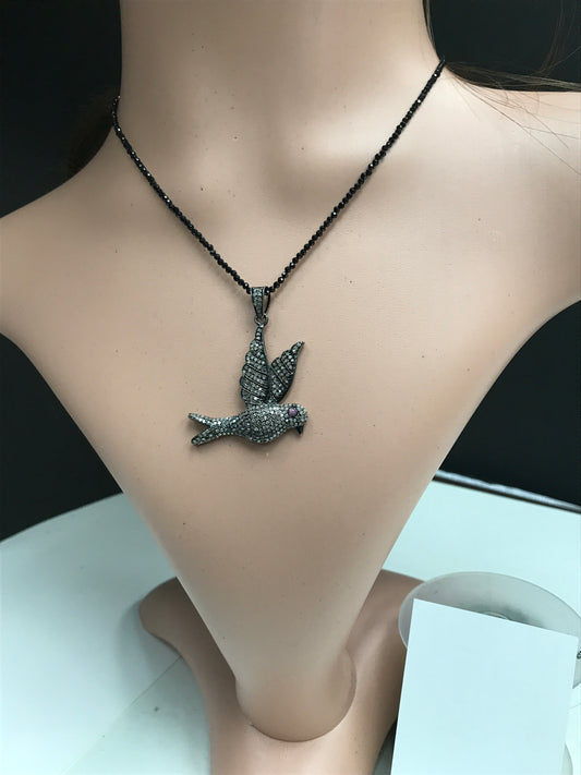 Bird Diamond Pendant .925 Oxidized Sterling Silver Diamond Pendant, Genuine handmade pave diamond Pendant Size Approx 31 x 41 mm