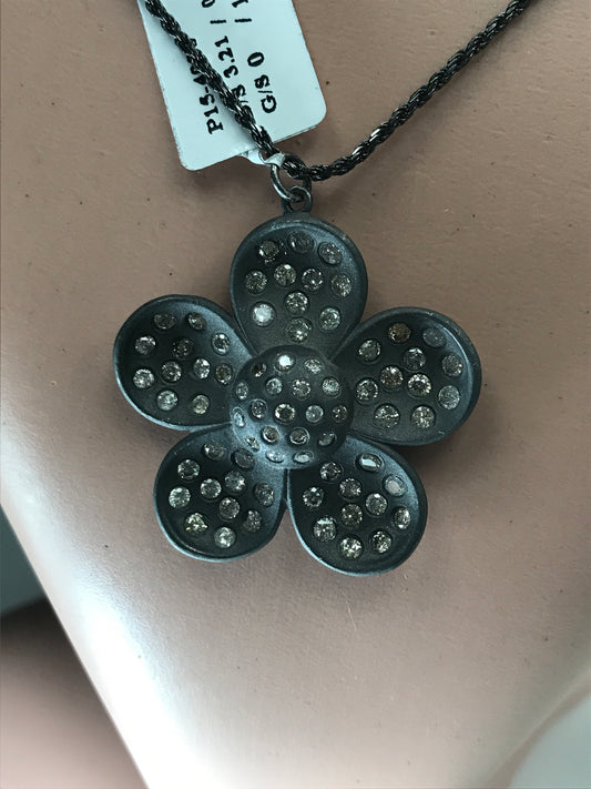 Flower Shape Diamond Pendant .925 Oxidized Sterling Silver Diamond Pendant, Genuine handmade pave diamond Pendant.