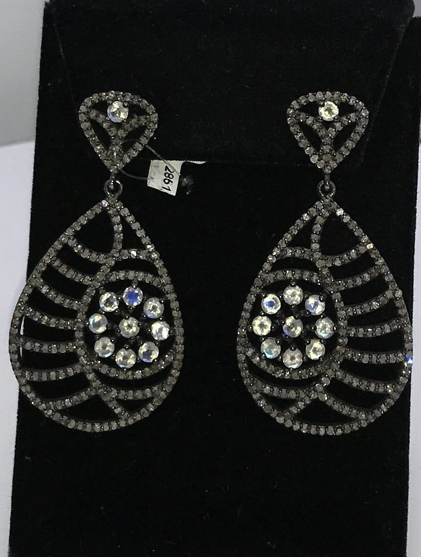 Drop Shape Diamond and Rainbow Moonstone earring