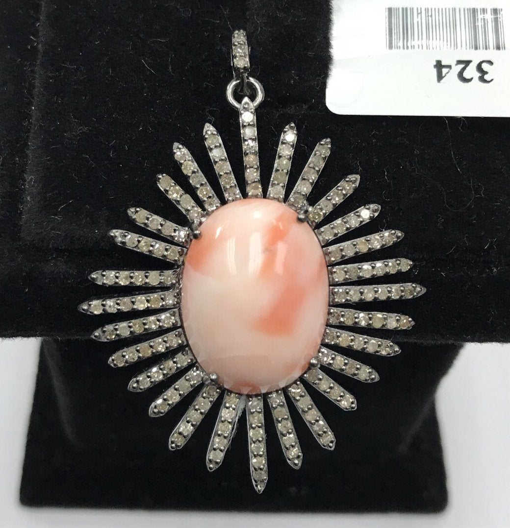 Pink Coral studed with Diamond hand crafted over Sterling silver