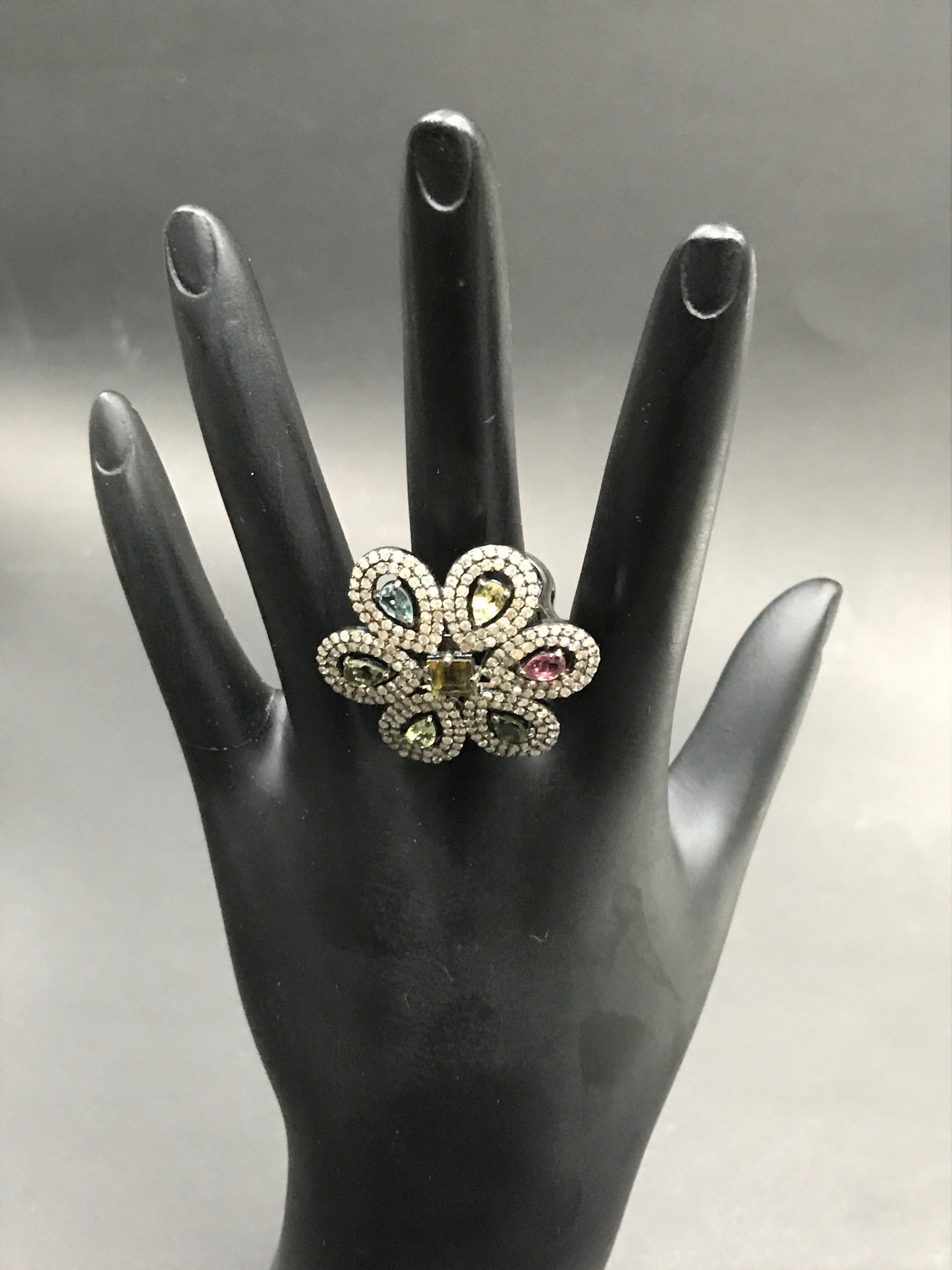 FLOWER DIAMOND AND MULTI TOURMALINE RINGS