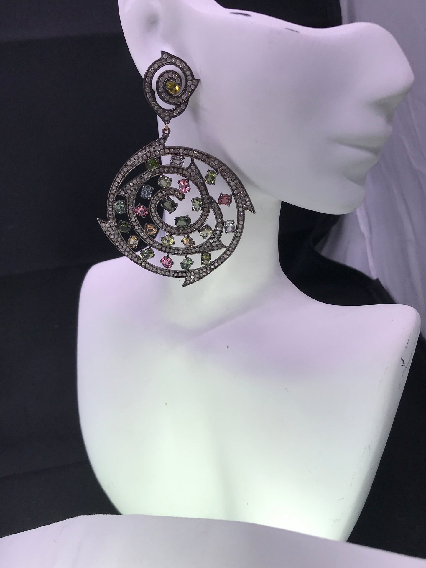 Diamond and Silver Multi Tourmaline Black Rhodium Finish Earring