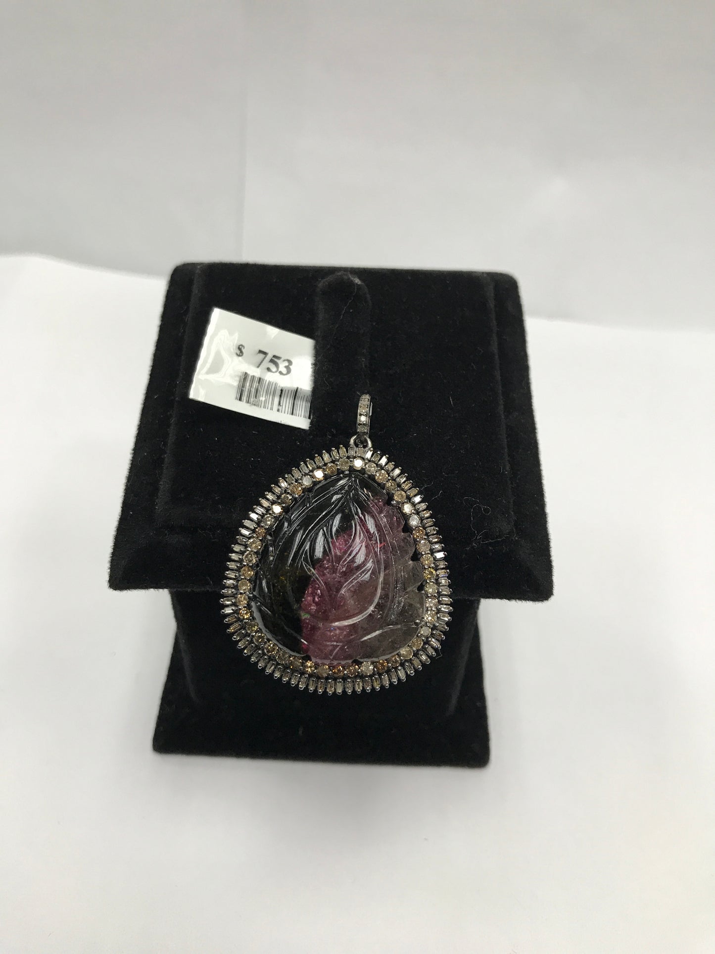 Watermelon Tourmaline Carving and Diamond Pendant