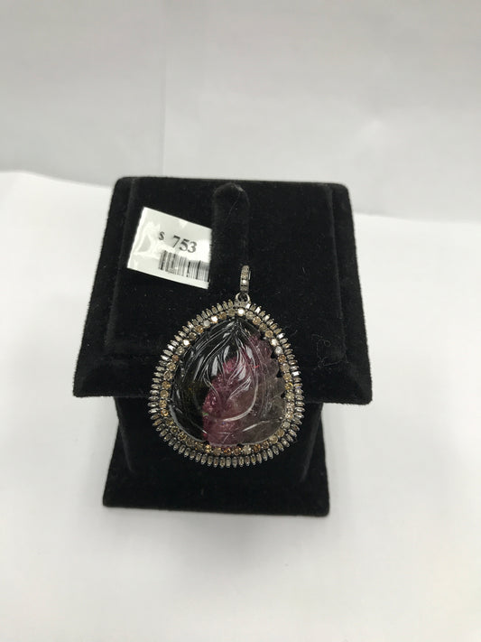 Watermelon Tourmaline Carving and Diamond Pendant
