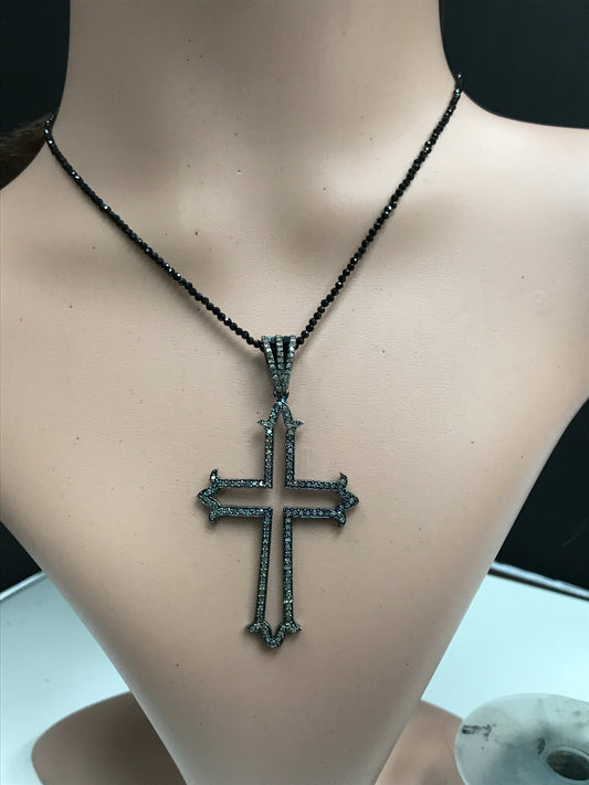 Diamond Gothic Cross Diamond Pendant, Pave Diamond Pendant, Gothic Cross Necklace, Approx 64 x 35mm. Sterling Silver
