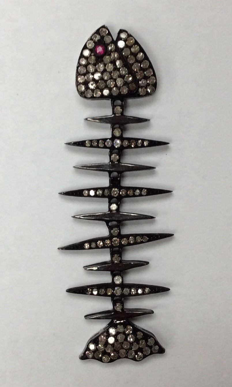 Diamond Skeletal Fish Diamond Pendant, Pave Diamond Pendant, Skeletal Fish Necklace, Approx 43 x 16mm. Sterling Silver