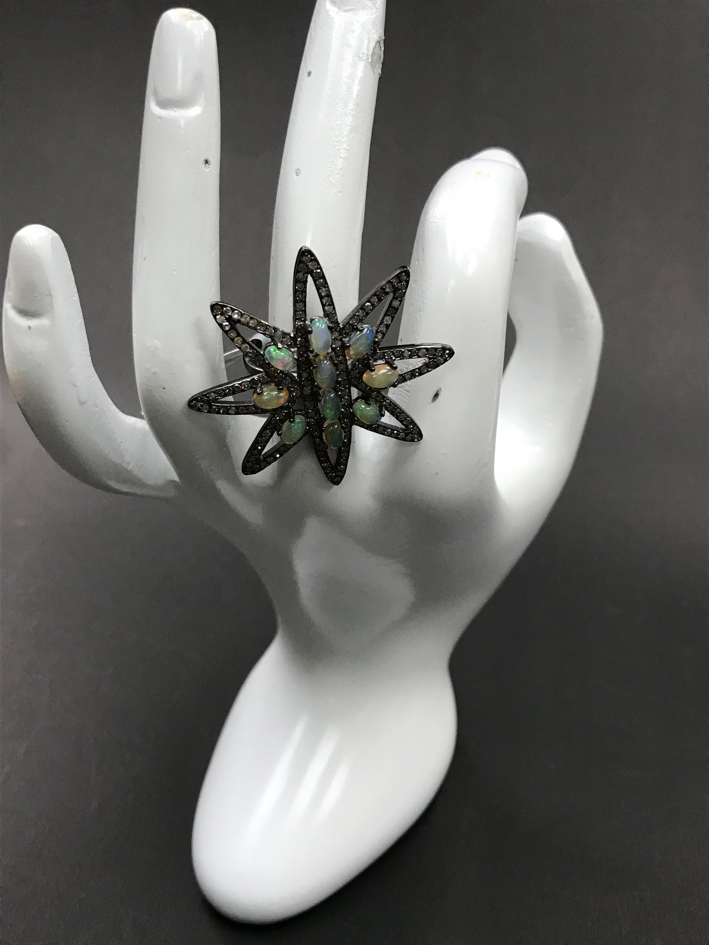 Ring Diamond with Opal .925 Oxidized Sterling Silver Diamond Ring, Genuine handmade pave diamond Ring Size Approx 1.52"(38 MM)