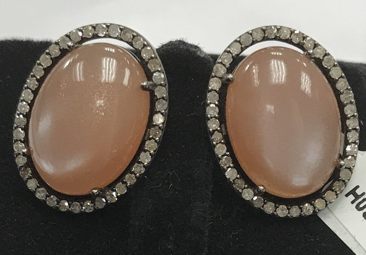 Moonstone Peach Natural oval cabs smooth with Diamond over Sterling Silver natural Pendant