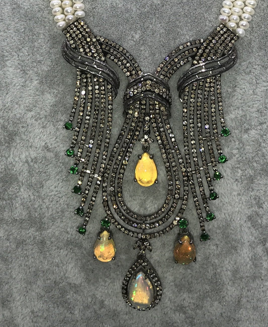 Designer Opal and Diamond Pendant Necklace with Pearls