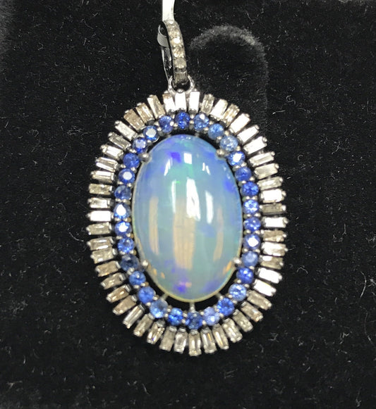 Oval Shape Opal and Diamond Pendant with Blue Sapphire