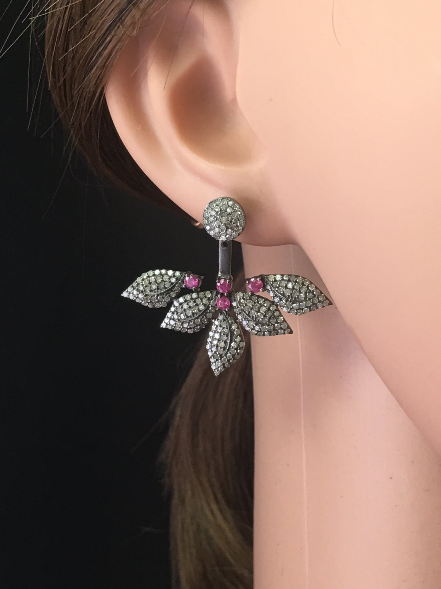 Flower Diamond Silver Earring .925 Oxidized Sterling Silver Diamond Earring, Genuine handmade pave diamond Earring Size 1.56"(32 x 39 MM )