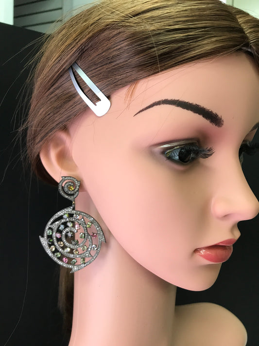 Diamond and Silver Multi Tourmaline Black Rhodium Finish Earring