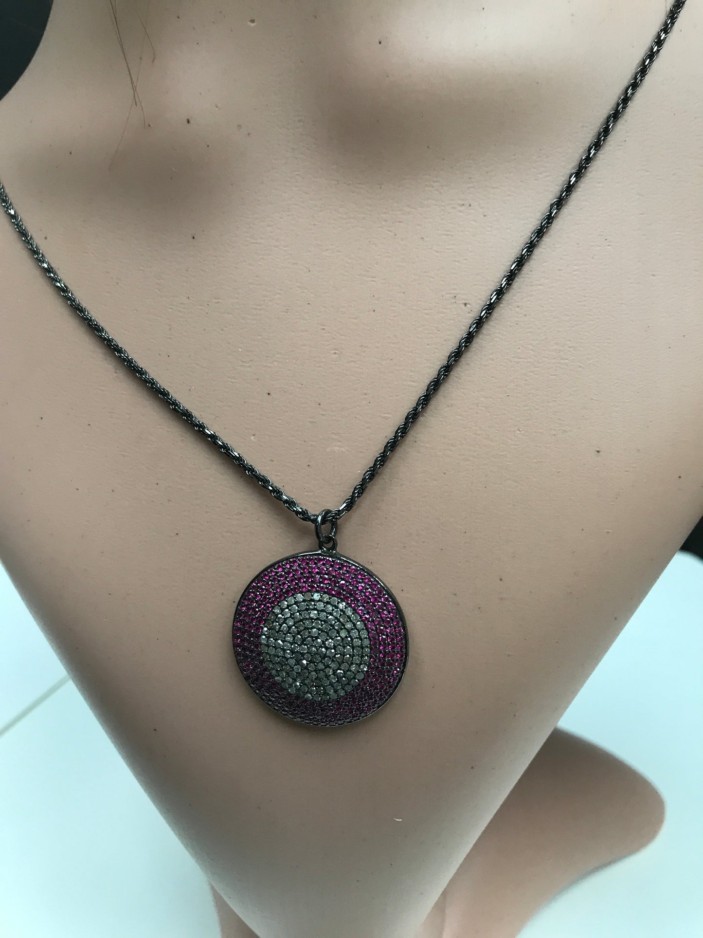 Round Ruby Diamond Charm .925 Oxidized Sterling Silver Diamond Charms, Genuine handmade pave diamond Charm Size Approx 1.04"(26 MM)