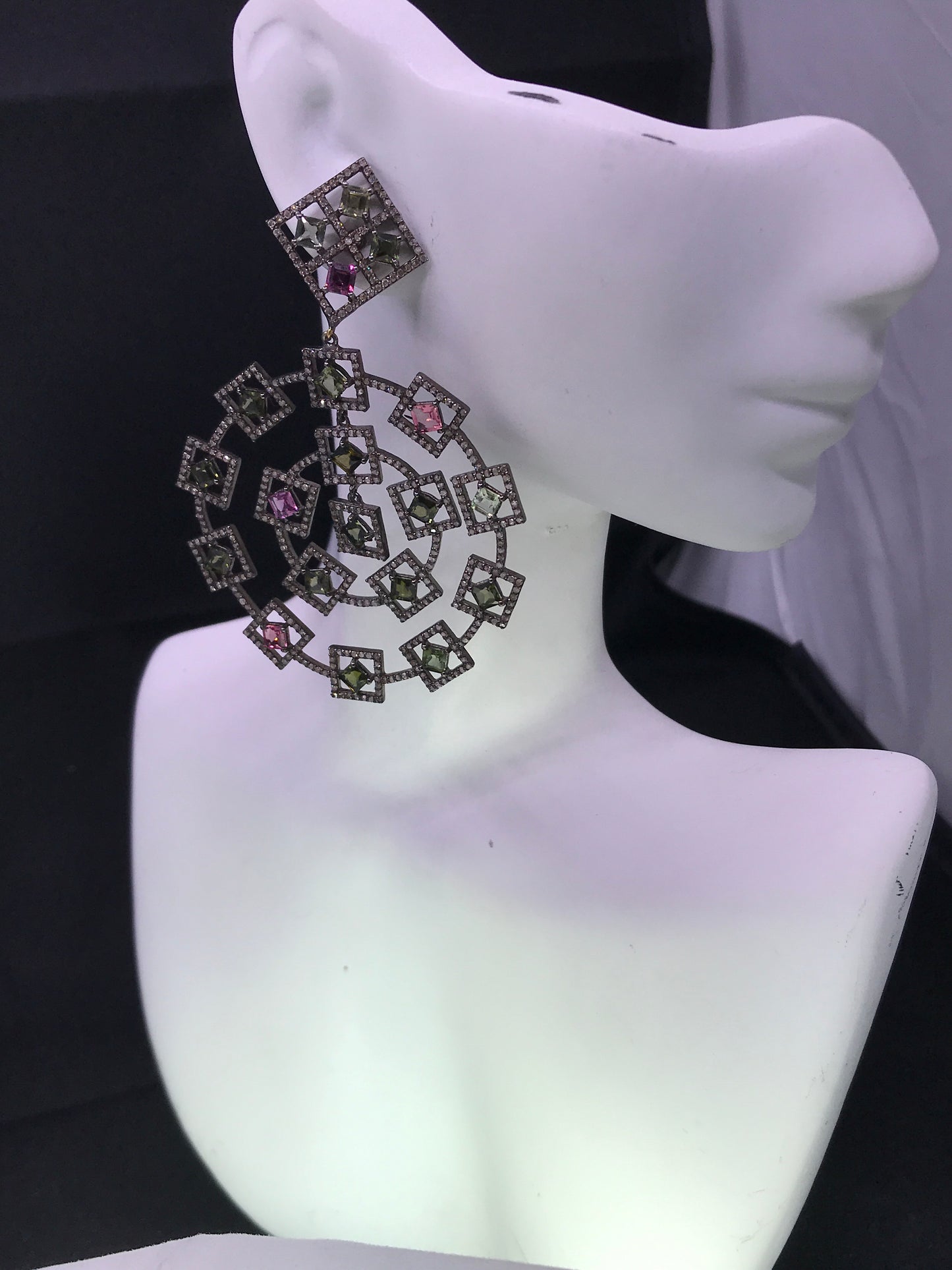 Diamond and Silver Multi Tourmaline Black Rhodium Finish Earrings