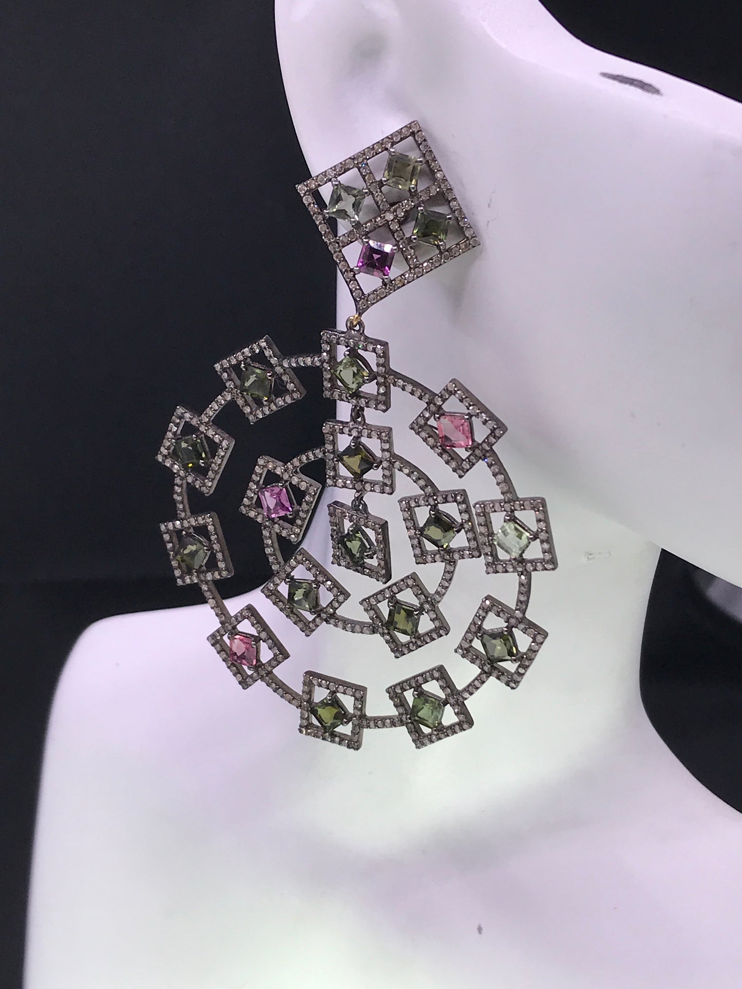 Diamond and Silver Multi Tourmaline Black Rhodium Finish Earrings