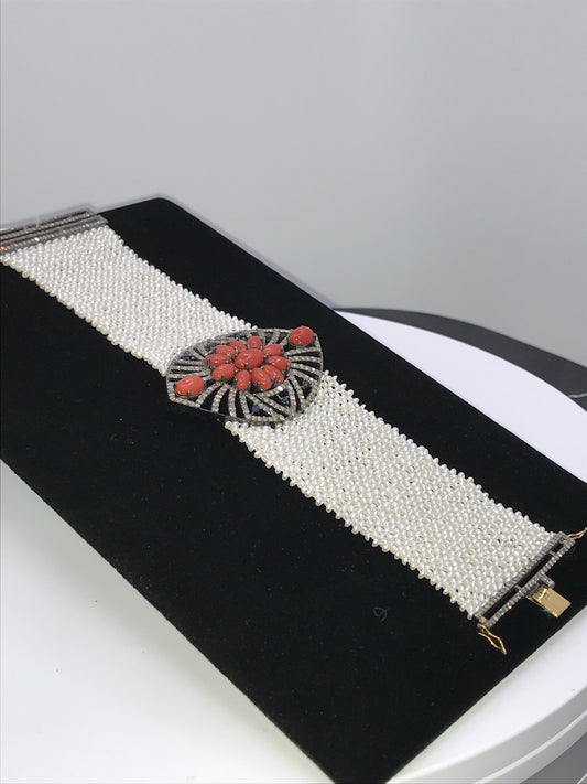 Coral and diamond seeded pearl weaving bracelet