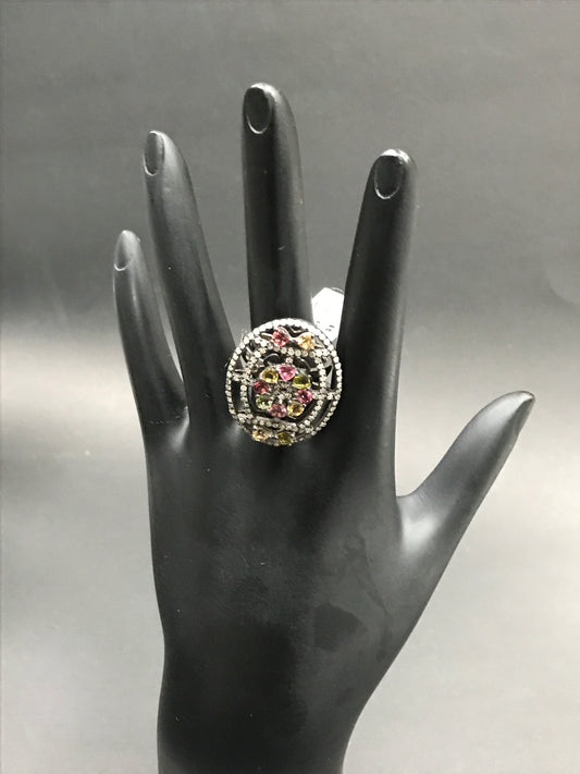 Diamond and Multi Tourmaline Silver Black Rhodium Finish Rings
